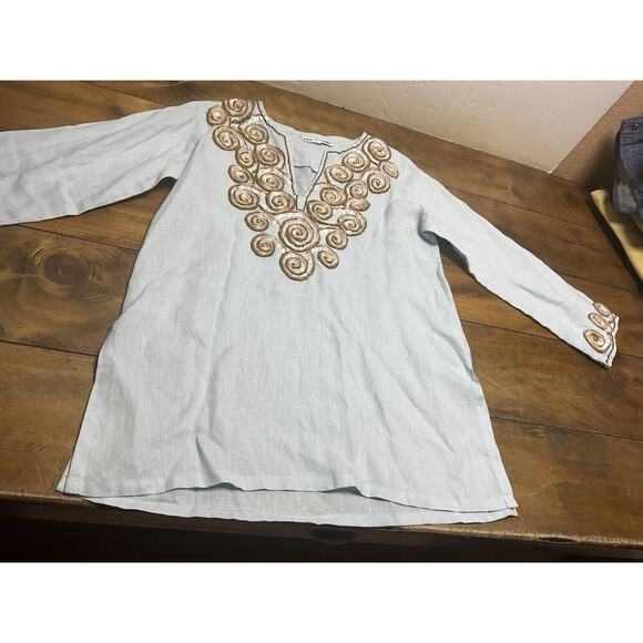 Barbara Gerwit Blue Linen Embroidery Tunic Top Blouse Cover Up Medium - Picture 6 of 14